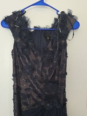 Tadashi Shoji Evening Gown Embellished Navy Floral Mesh Dress